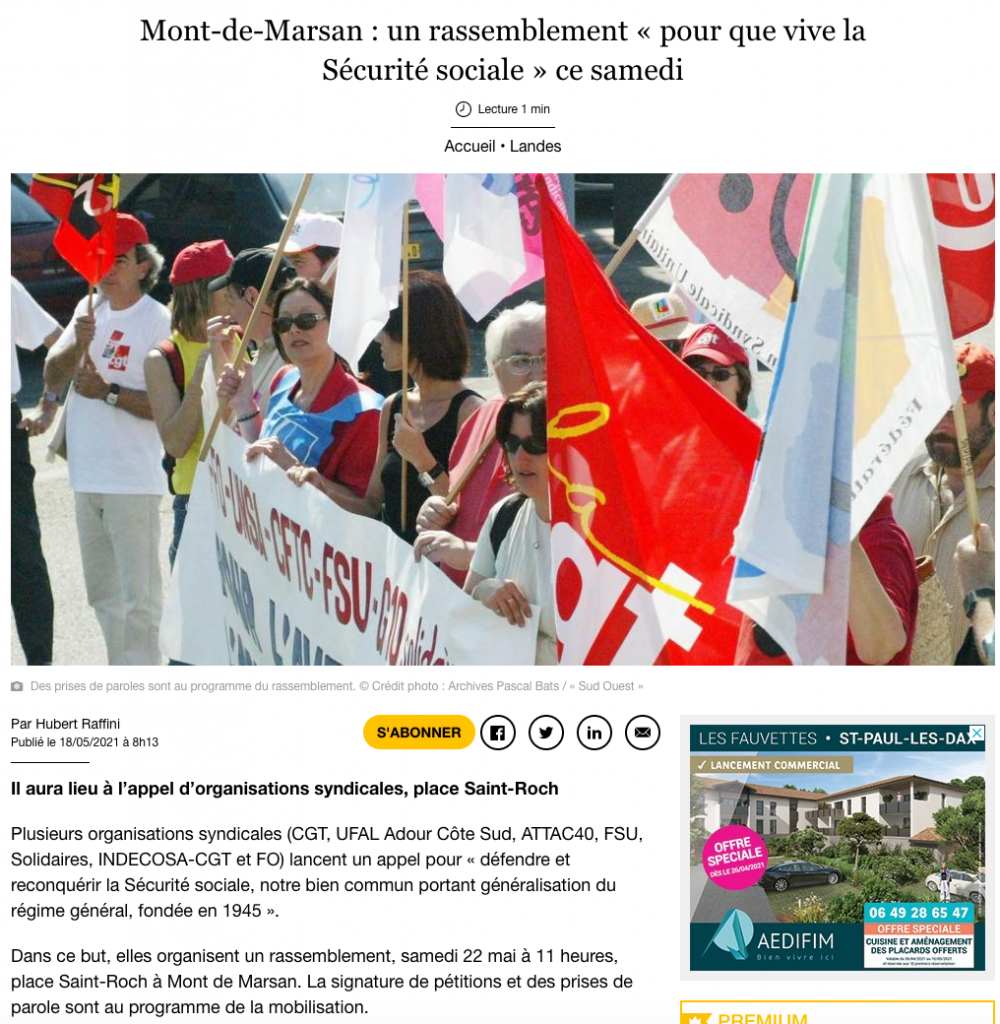 L'Ufal Adour Côte Sud appelle à un rassemblement pour la Sécu à Mont-de-Marsan le 22 mai