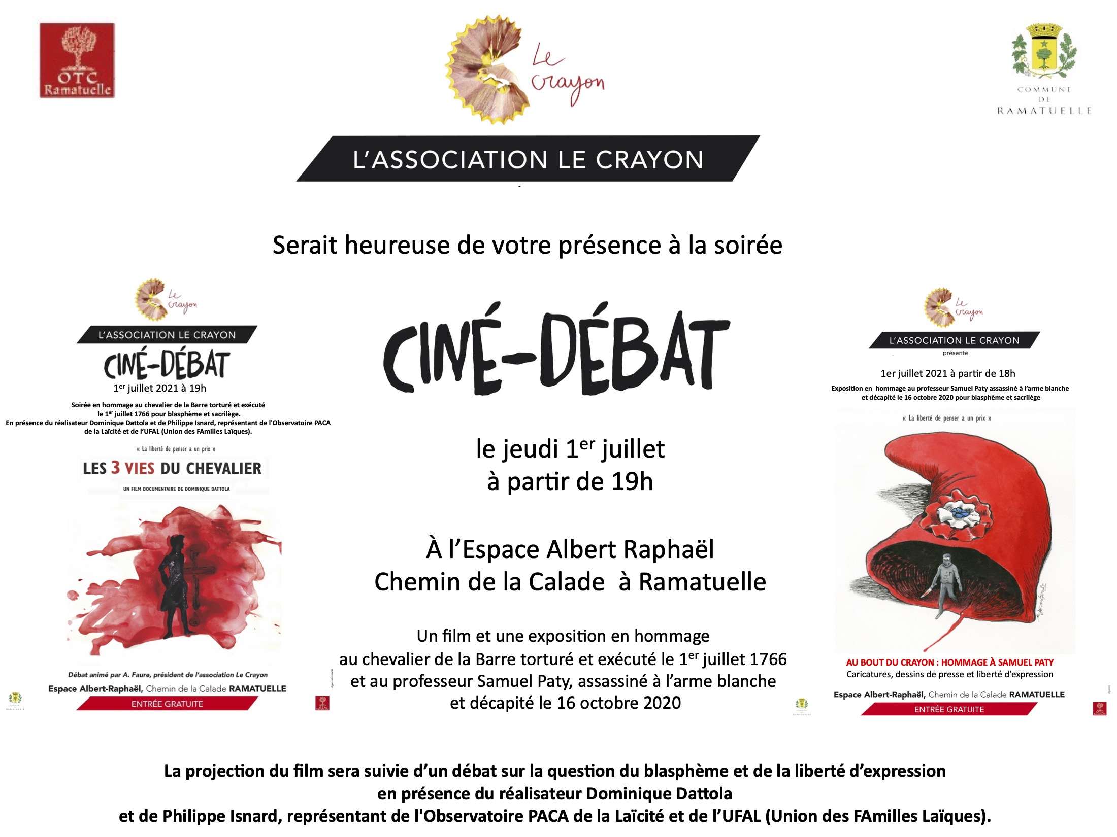 Expo-hommage à S. Paty et ciné-débat (les 3 vies du Chevalier de la barre) à Ramatuelle le 1er juillet @ Espace Albert Raphaël