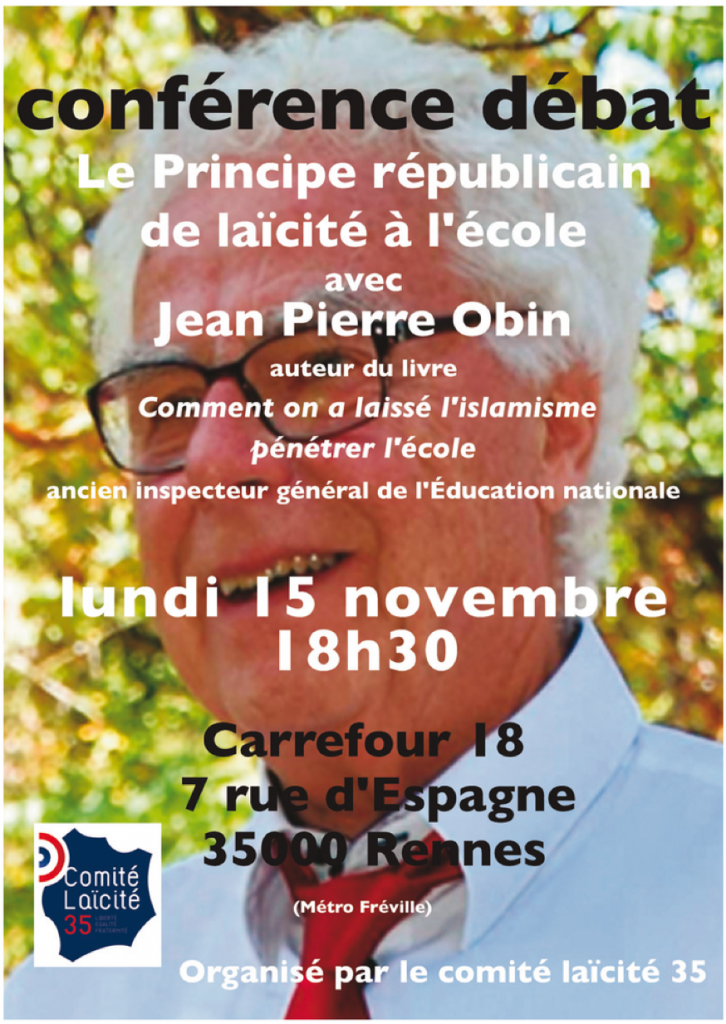 Le principe républicain de laïcité à l'école avec Jean-Pierre Obin, le 15 novembre à Rennes @ Carrefour 18, 7 rue d'espagne, 35000 Rennes