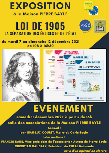 Exposition "Loi de 1905, Séparation des Églises et de l'État" au Carla-Bayle (Ariège) du 7 au 12 décembre @ Maison Pierre Bayle