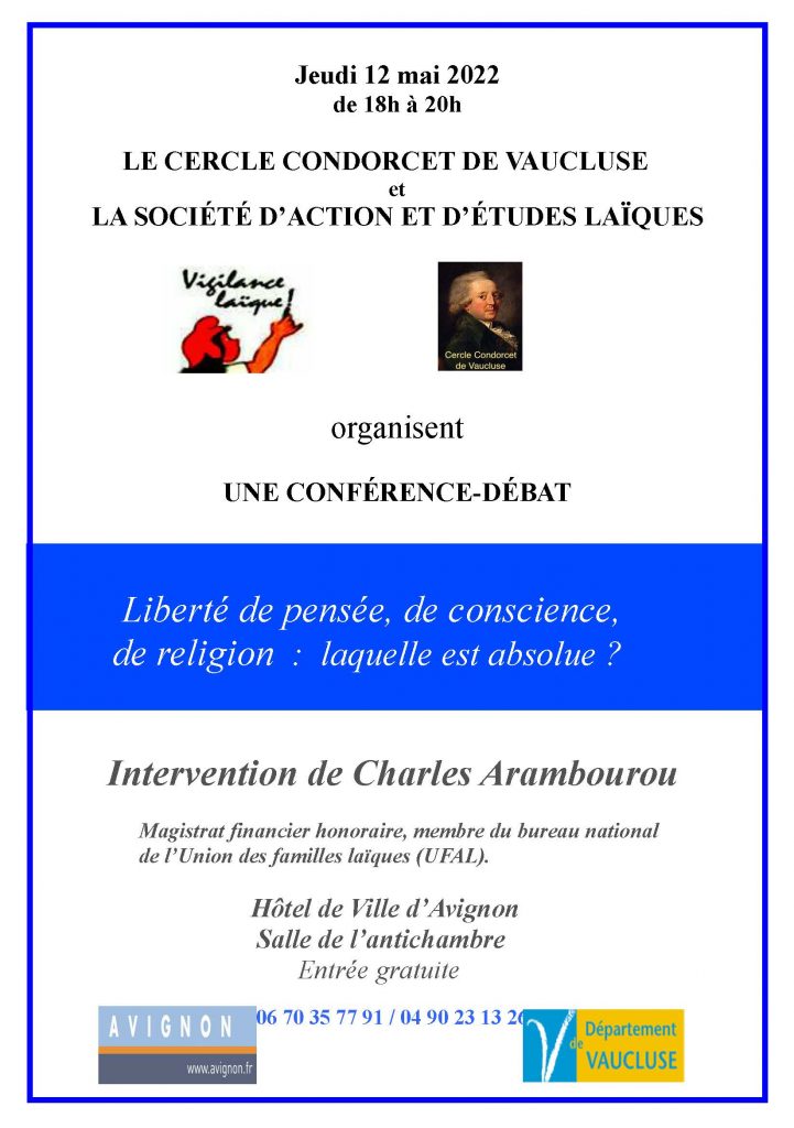 Avignon : "Liberté de pensée, de conscience, de religion : laquelle est absolue ?" 12 mai à 18h @ Hotel de ville, salle de l'antichambre