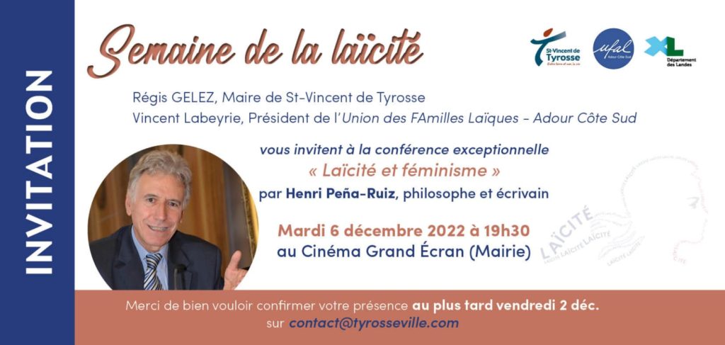 [Ufal Adour. Côte Sud] Conférence/débat « Laïcité et féminisme » le 6 décembre avec Henri Pena-Ruiz @ Cinéma Grand Ecran