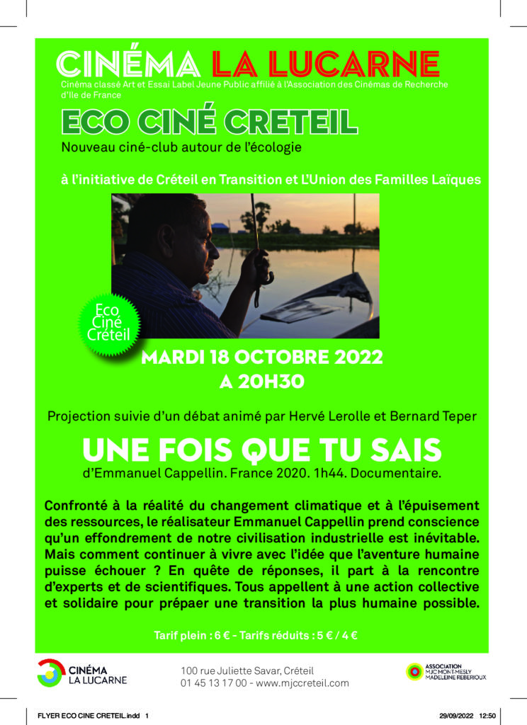 [Ufal Créteil] Cycle EcoCinéCréteil, première le 18 octobre avec le film "Une fois que tu sais" @ Cinema la Lucarne
