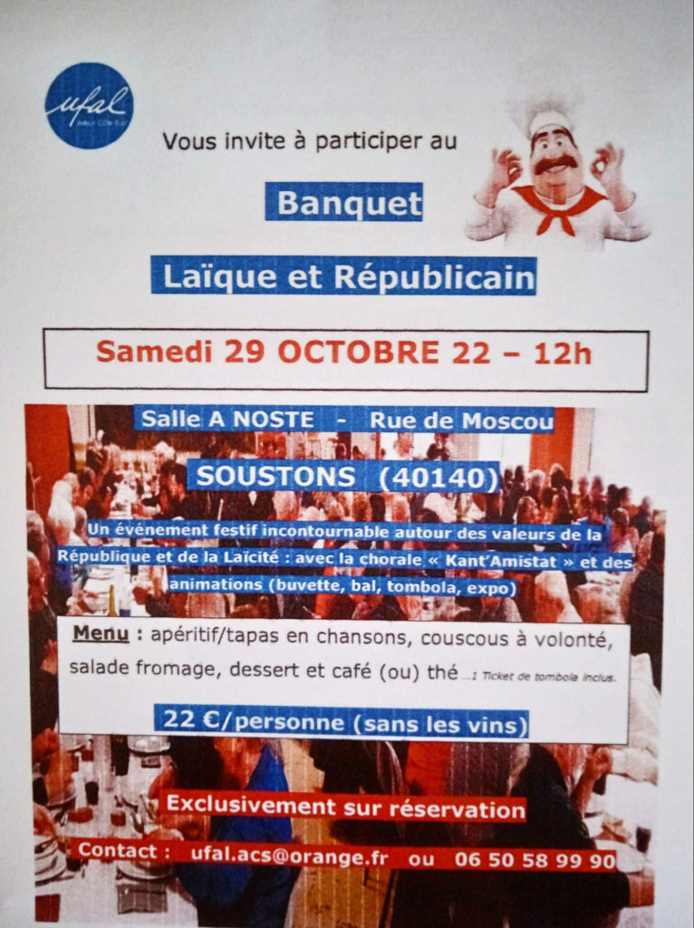 [UFAL.Adour Côte Sud] 1er banquet laïque et républicain, 29 octobre à midi, Soustons @ Soustons