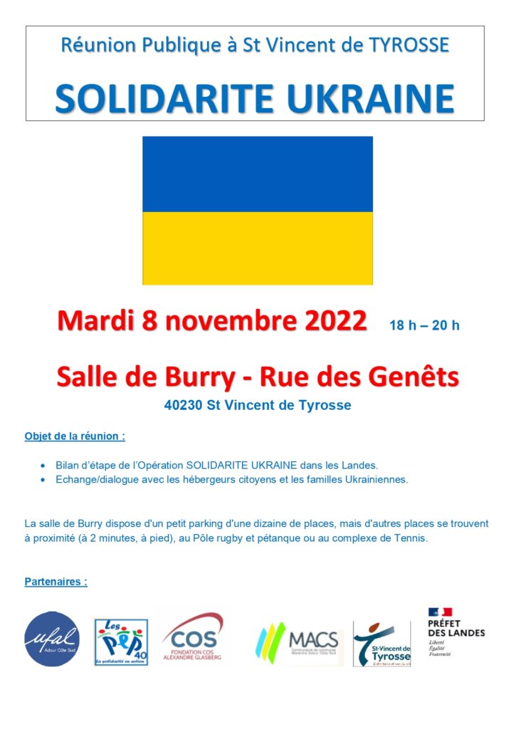 [Ufal Adour Côte Sud] "Solidarité Ukraine", réunion à St-Vincent de Tyrosse, 8 novembre @ Salle de Burry - Rue des Genêts