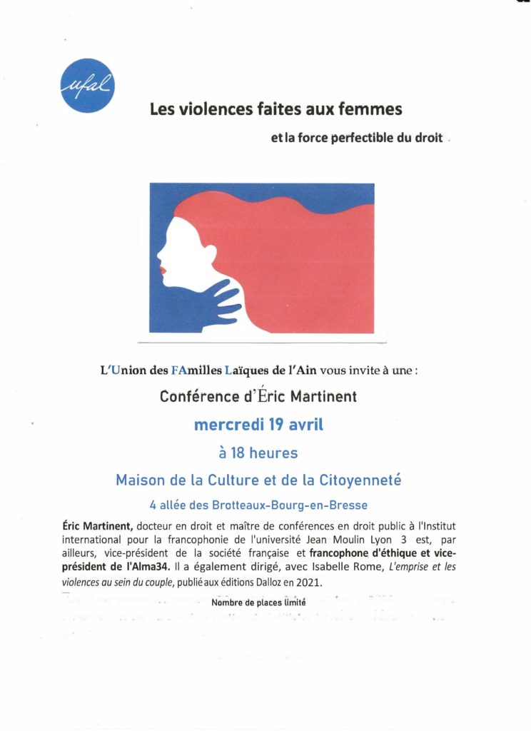 [Ufal de l'Ain] “Les violences faites aux femmes et la force perfectible du droit” : conférence 19 avril, 18h, Bourg-en-Bresse @ Maison de la Culture et de la Citoyenneté
