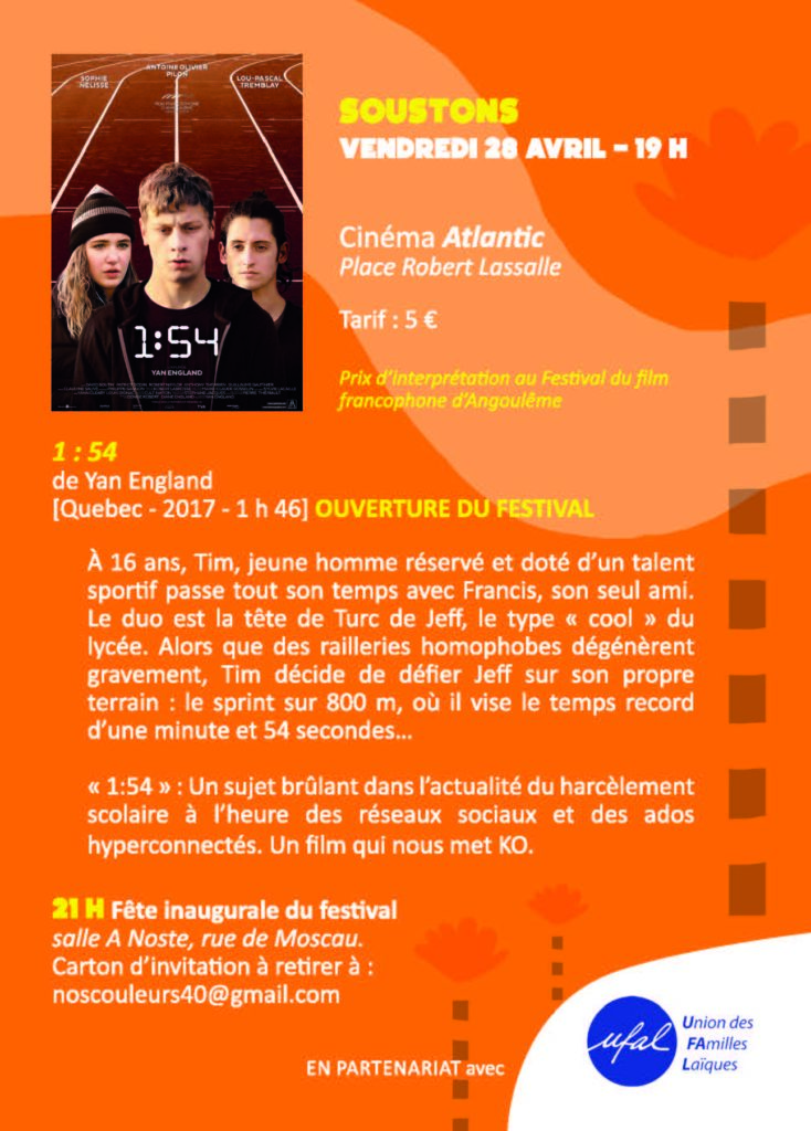 [Ufal Adour Côte Sud] Festival FOCALES : 28 avril, Soustons, film "1 : 54", cinéma Atlantic, 19h @ Soustons