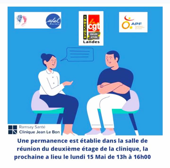 [UFAL.Adour Côte Sud] Permanence santé à la clinique Jean le Bon à Dax, 15 mai, 13h à 16h @ Clinique Jean le Bon