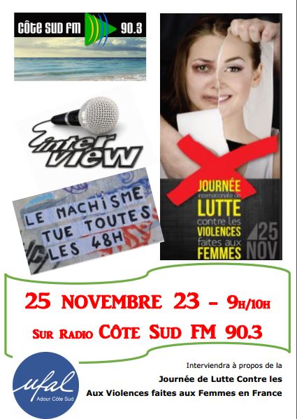 [Ufal Adour.Côte Sud] Journée de lutte contre les violences faites aux femmes, intervention le 25 novembre de 9h à 10h sur Radio Côte Sud FM, 90.3 @ Radio Côte Sud FM 90.3