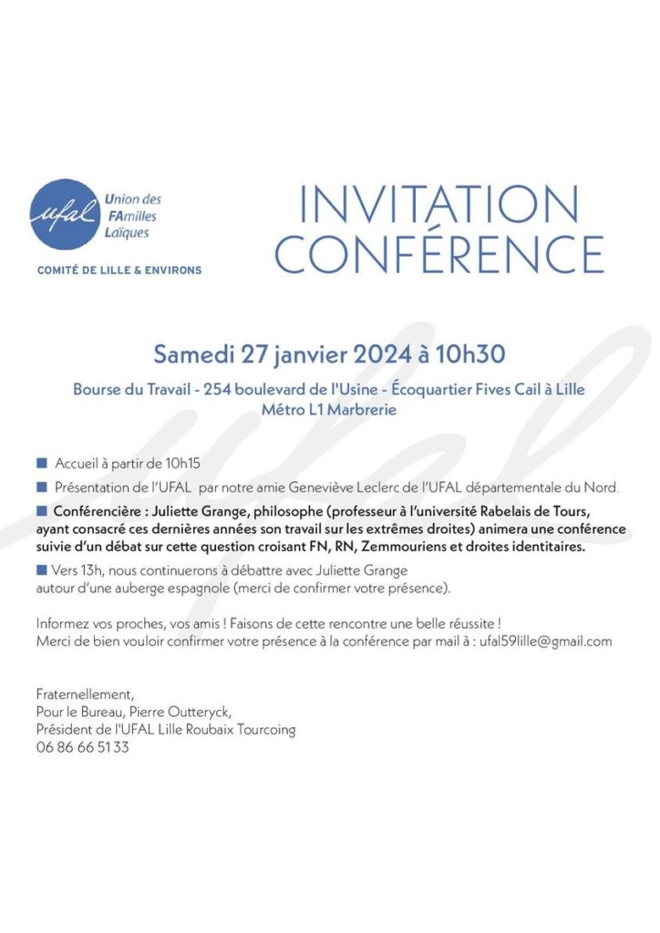 [Ufal Lille-Roubaix-Tourcoing] Conférence "Les extrêmes droites", 27 janvier, 10h30, Lille @ Bourse du Travail