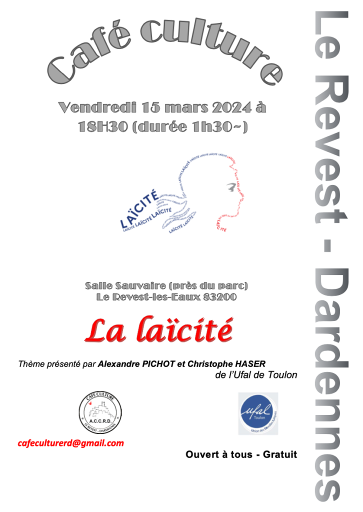 [Ufal Toulon] La laïcité - 15 mars à 18h30 - Café culture Le Revest-Dardennes @ Café culture Le Revest-Dardennes, salle Sauvaire, Le Reveste-les-Eaux, 83200 ,