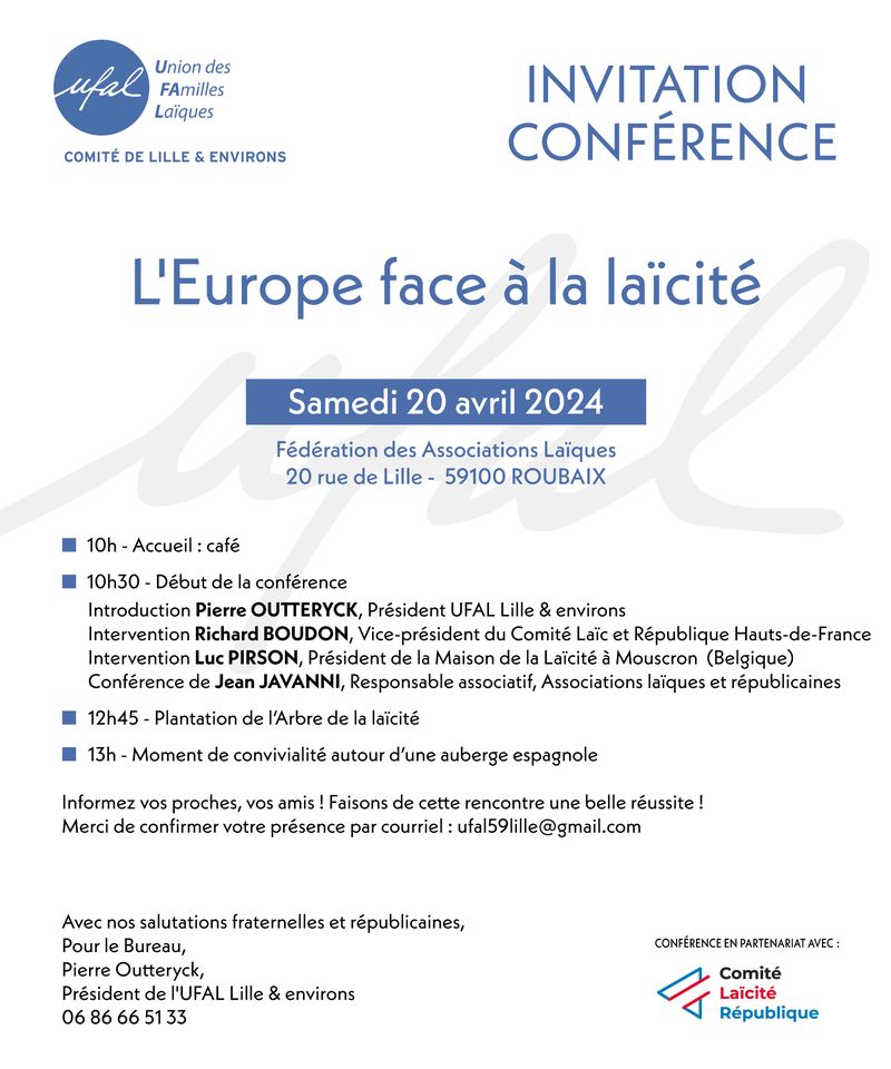 [Ufal Lille] Conférence "L'Europe face à la laïcité", Roubaix, 20 avril, 10h @ Fédération des associations laïques - 20 rue de Lille, Roubaix