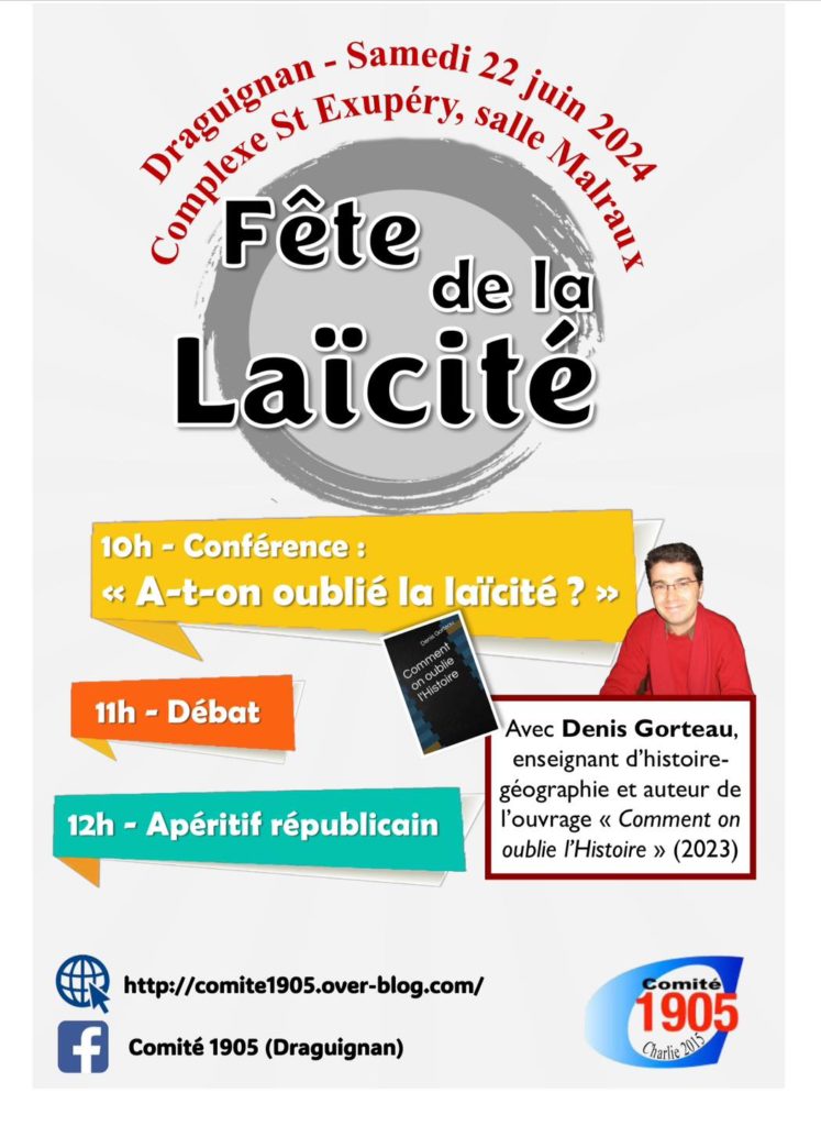 Fête de la laïcité, Draguignan, 22 juin, 10h @ Complexe St-Exupéry, salle Malraux