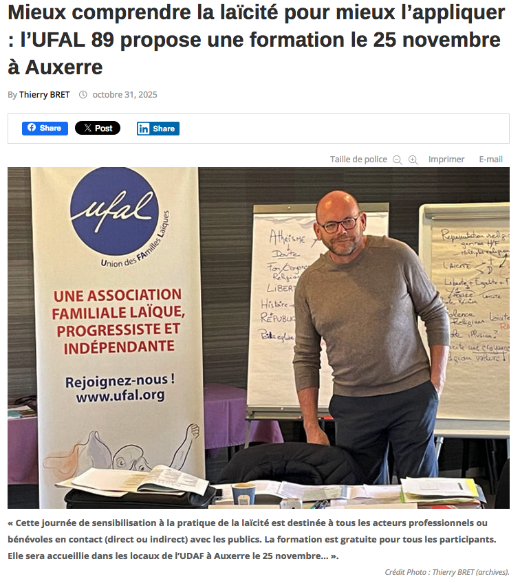 [Ufal Yonne] Formation « Valeurs de la République et Laïcité », 25 novembre, Auxerre @ UDAF 89, Auxerre